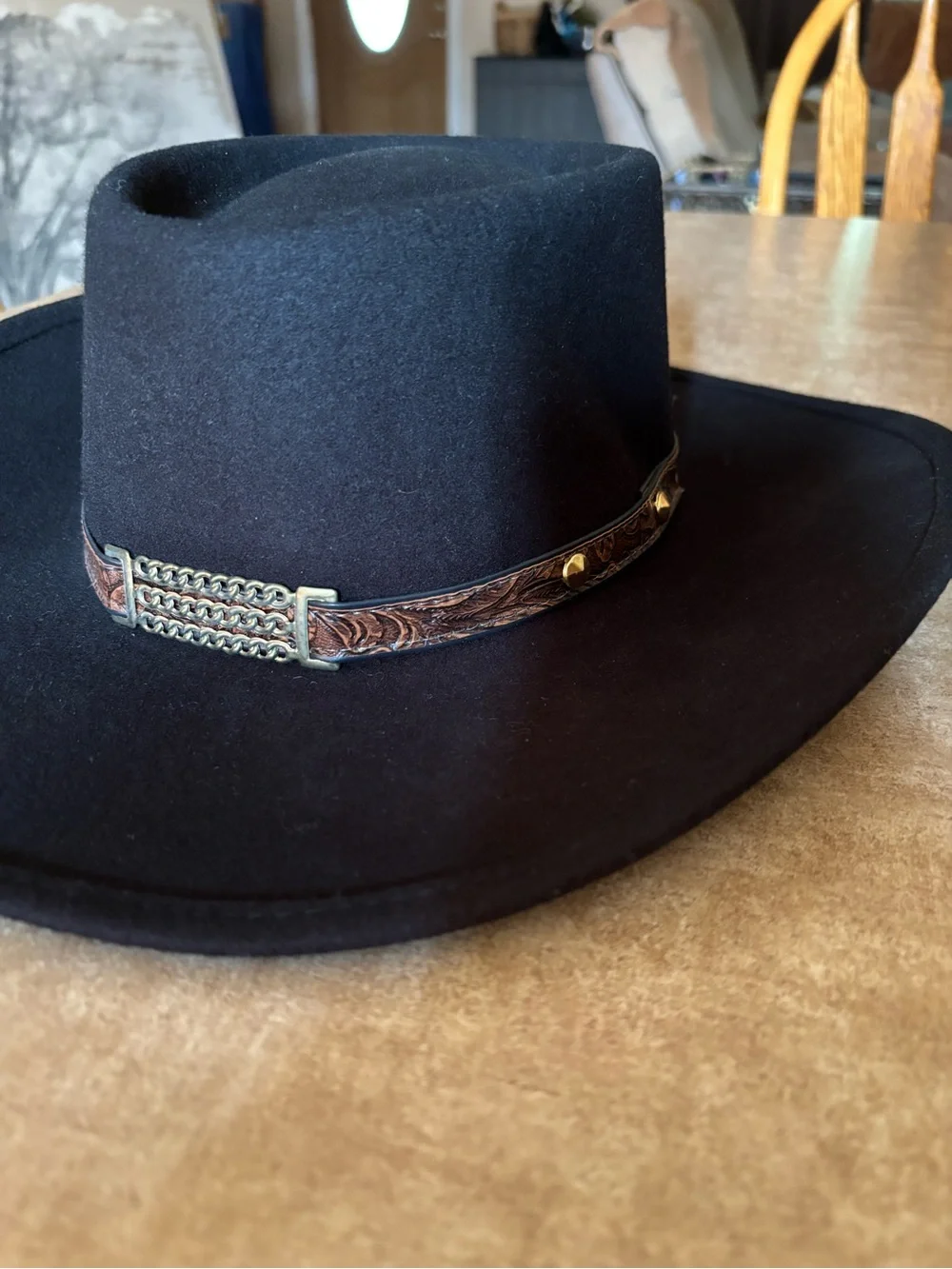 New men’s Black Felt Western Hat Brown Leather Band Bailey hats eddy bros. 7 1/4